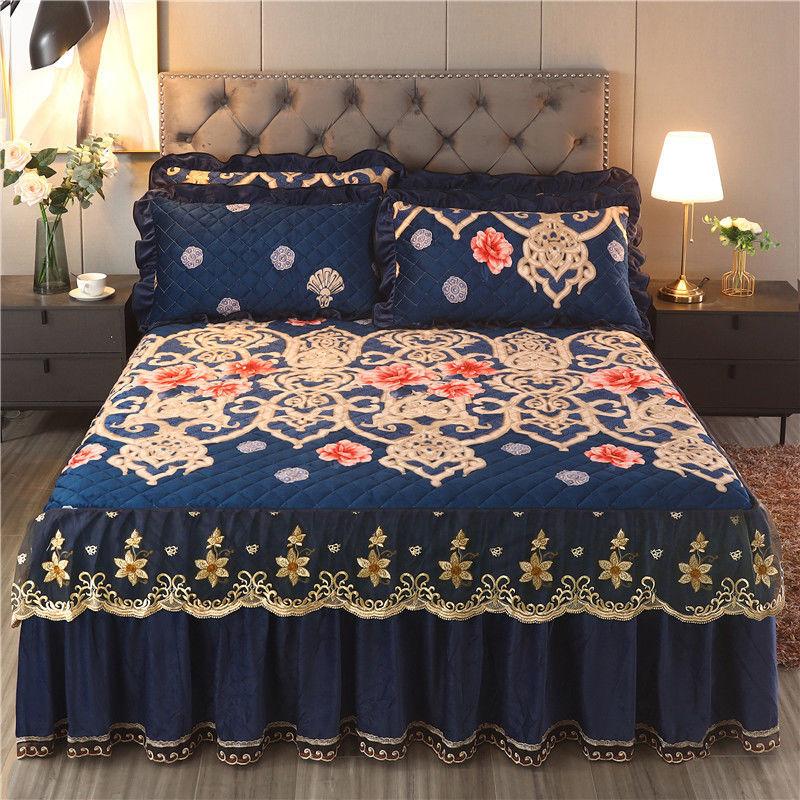Hochwertiger, luxuriöser, weicher Bettrock, Winter-Plüsch, dick gesteppt, Bettdecke, Rock, King-Size-Bett, Pad-Tagesdecke, inklusive Kissenbezug