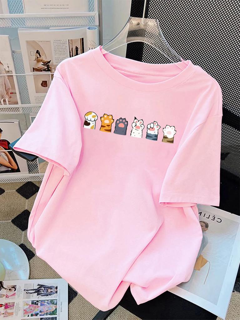 Různé barevné kombinace kočičích tlapek Potisky Letní trička Dámská trička s krátkým rukávem Měkké topy s kulatým výstřihem Základní oblečení