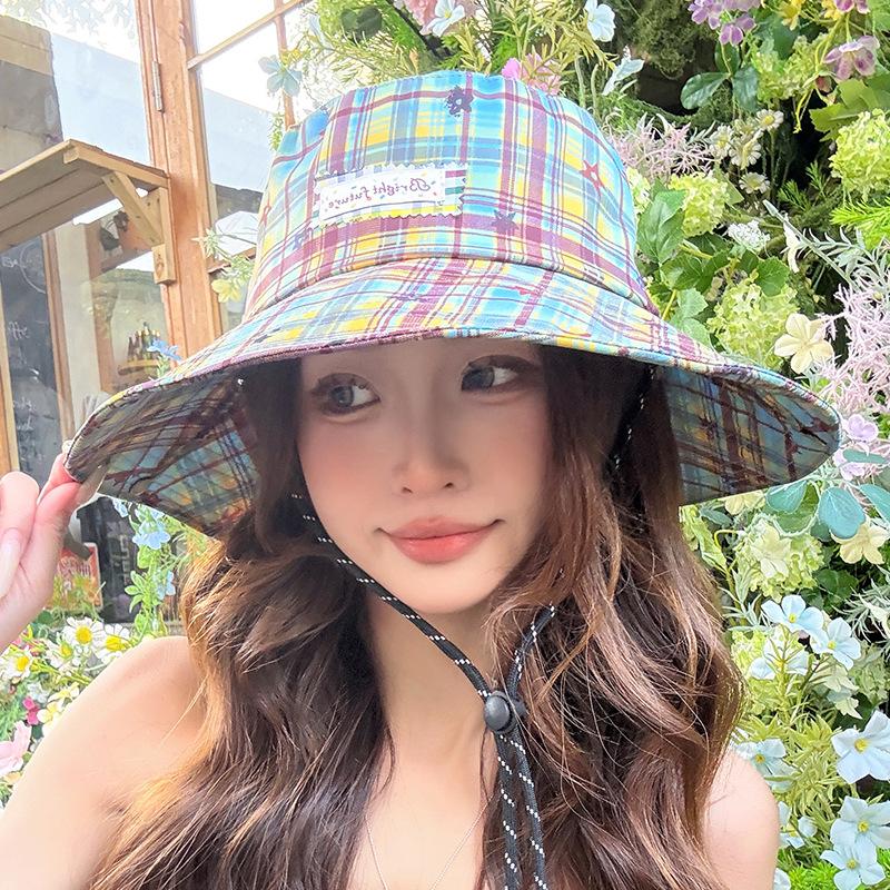 Fresh and Simple Plaid Hat, Two-way Wear Fisherman Hat for Women, Spring and Summer Travel Large Brim Sun Hat, Outdoor Sun Protection Hiking Hat