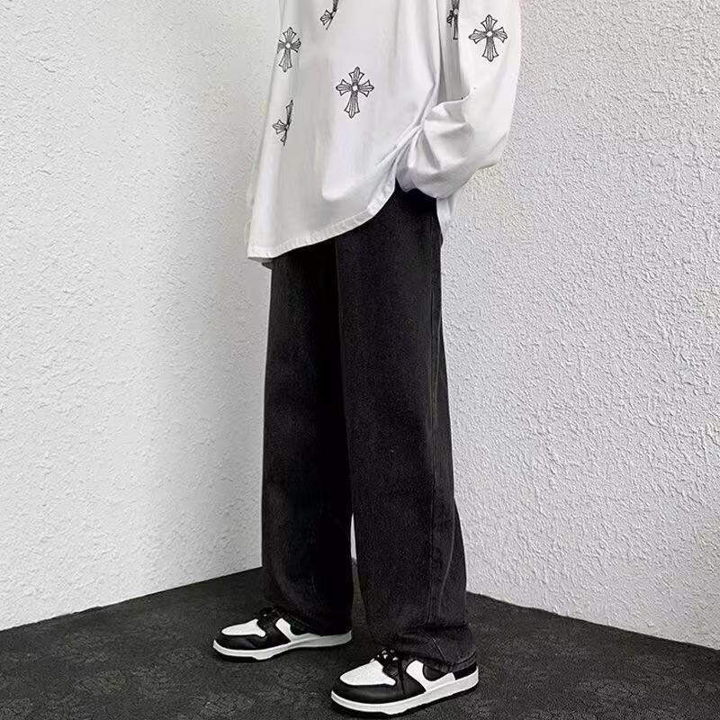 Fankes Jeans Men's Spring and Autumn New Loose Straight Elastic Waist Drawstring Versatile Casual Long Pants