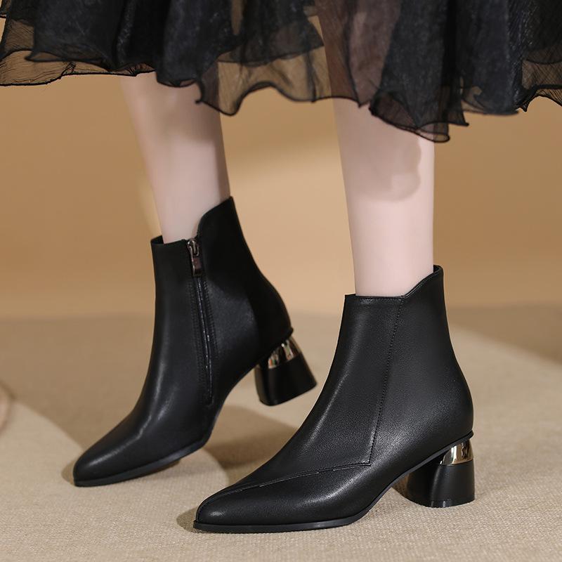 Huiliya French Small Short Boots Spring and Autumn and Ankle Boots New Thick Heel Single Shoes Spring Medium Heel High Heel Bare Boots S918-2
