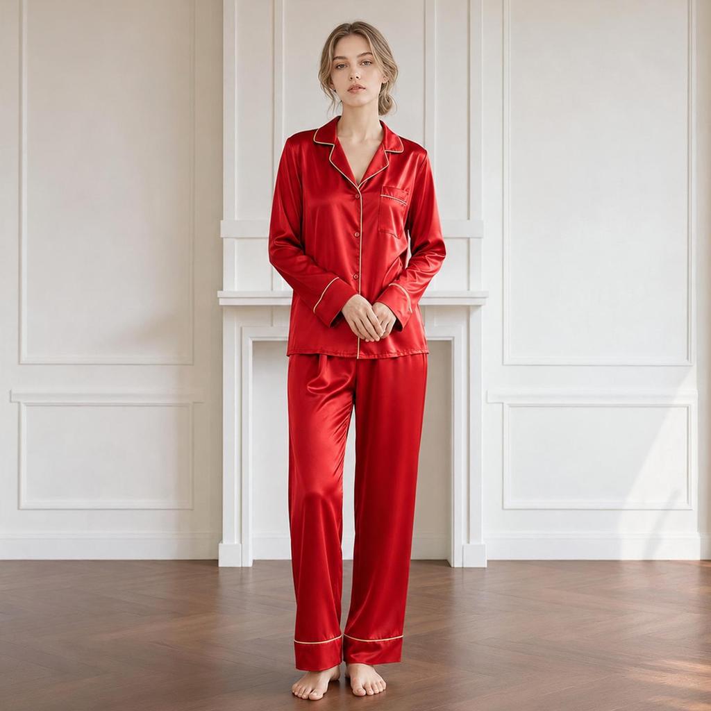 Seidenpyjama-Set mit Schmetterlingsstickerei - Damen Maulbeerseide Zweiteiler für Frühling/Sommer