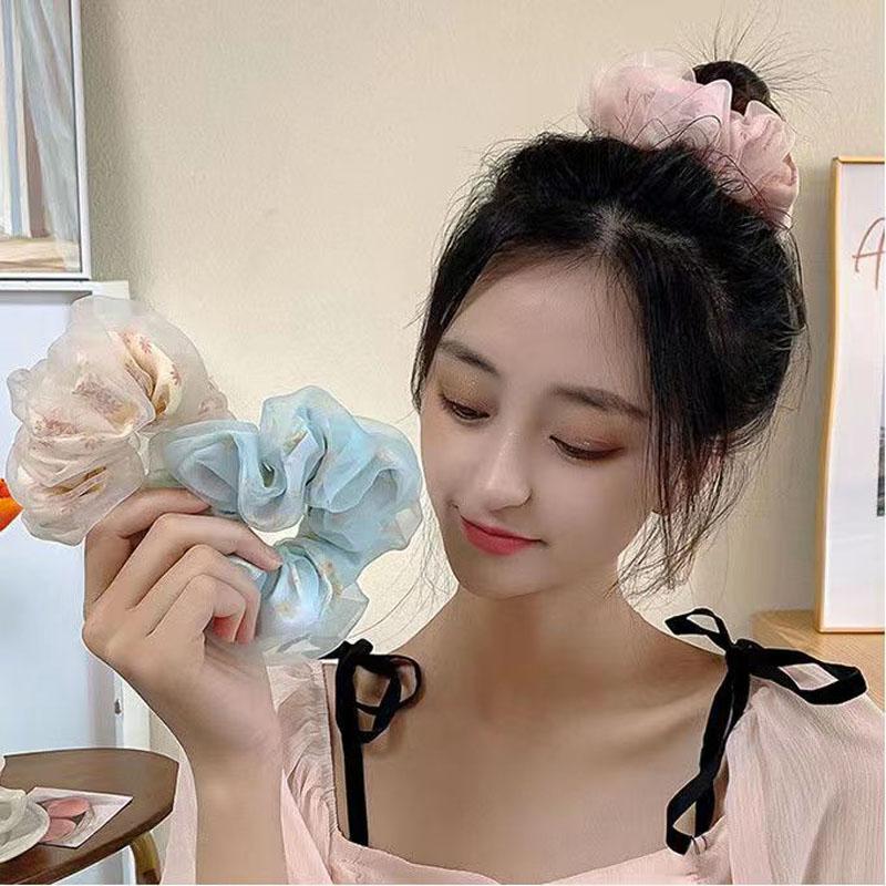 Doppellagige Organza Scrunchies Elastische Haarbänder Damen Mädchen Süßer Druck Pferdeschwanzhalter Haargummis Haaraccessoires Mode