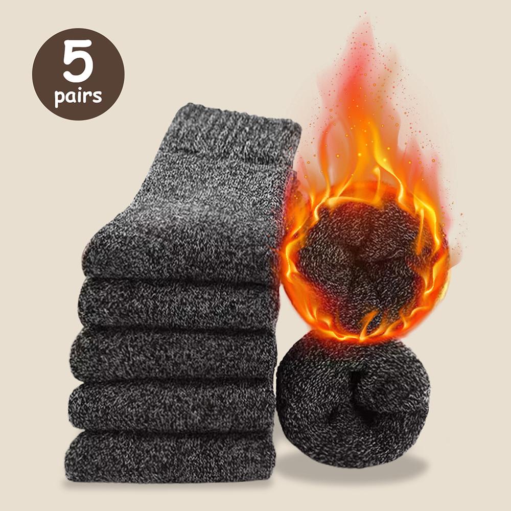 3/5 Pairs Men'S Warm Socks, Thick Towel Mid-Calf Socks, Anti-Cold Snow Boots Socks Elastic Solid Color