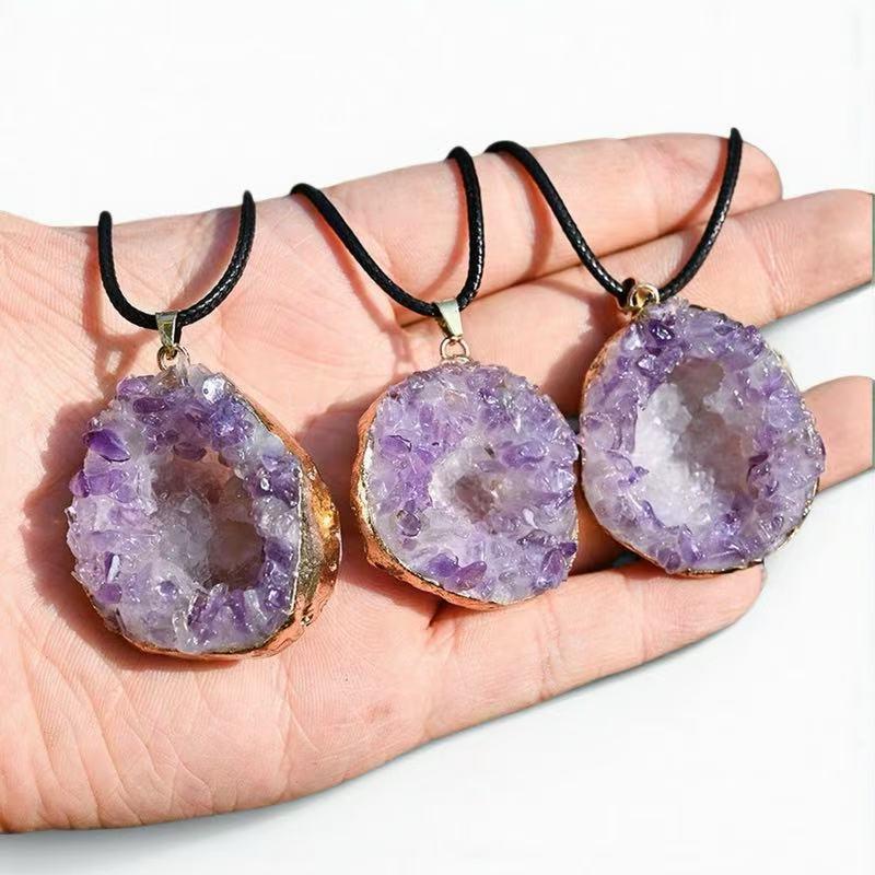 Crystal Necklace With Geometric Design And Amethyst Pendant For Summer Fashion Jewelry
