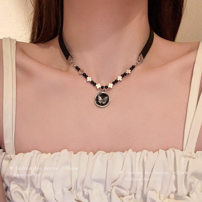 Gothic Niedlich Y2K Edelstahl Schleife Herz Rosa Kreuz Anhänger Perlen Schlangenketten Halskette Für Egirl 2000er EMO Acssesories