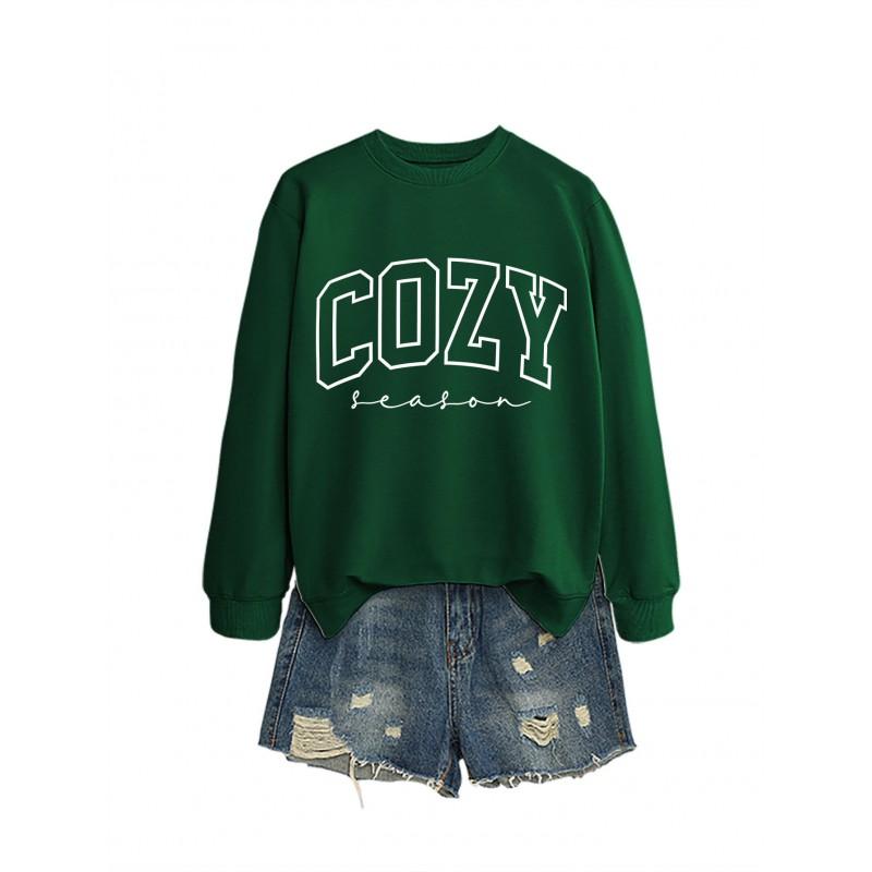 Womens Cozy Casual Round Neck Long Sleeve Cotton Sweatshirt With Letter Print Loose Fit