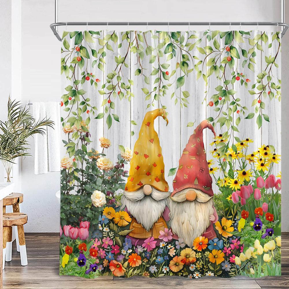 Elf Shower Curtain Sunflowers Summer Vacation Spring Floral Bath Decor Halloween Elf Bath Curtain Cloth Holiday Bathtub Curtain