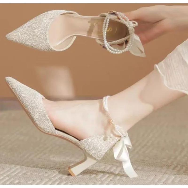 New Summer Luxury Women Pearl High Heels Chunky Heel Princess Bow High Heel Sandals Party Wedding Shoes Plus Size Zapatos Mujer
