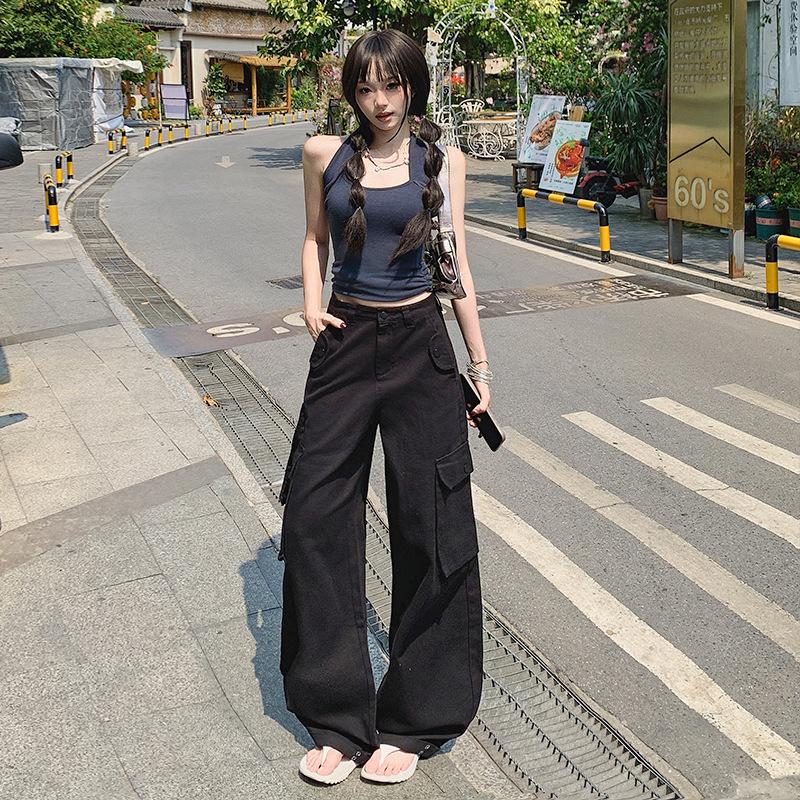 Overalls women's summer high waist 1116 new ins trendy design sense niche retro wide-leg pants slim floor-mopping trousers