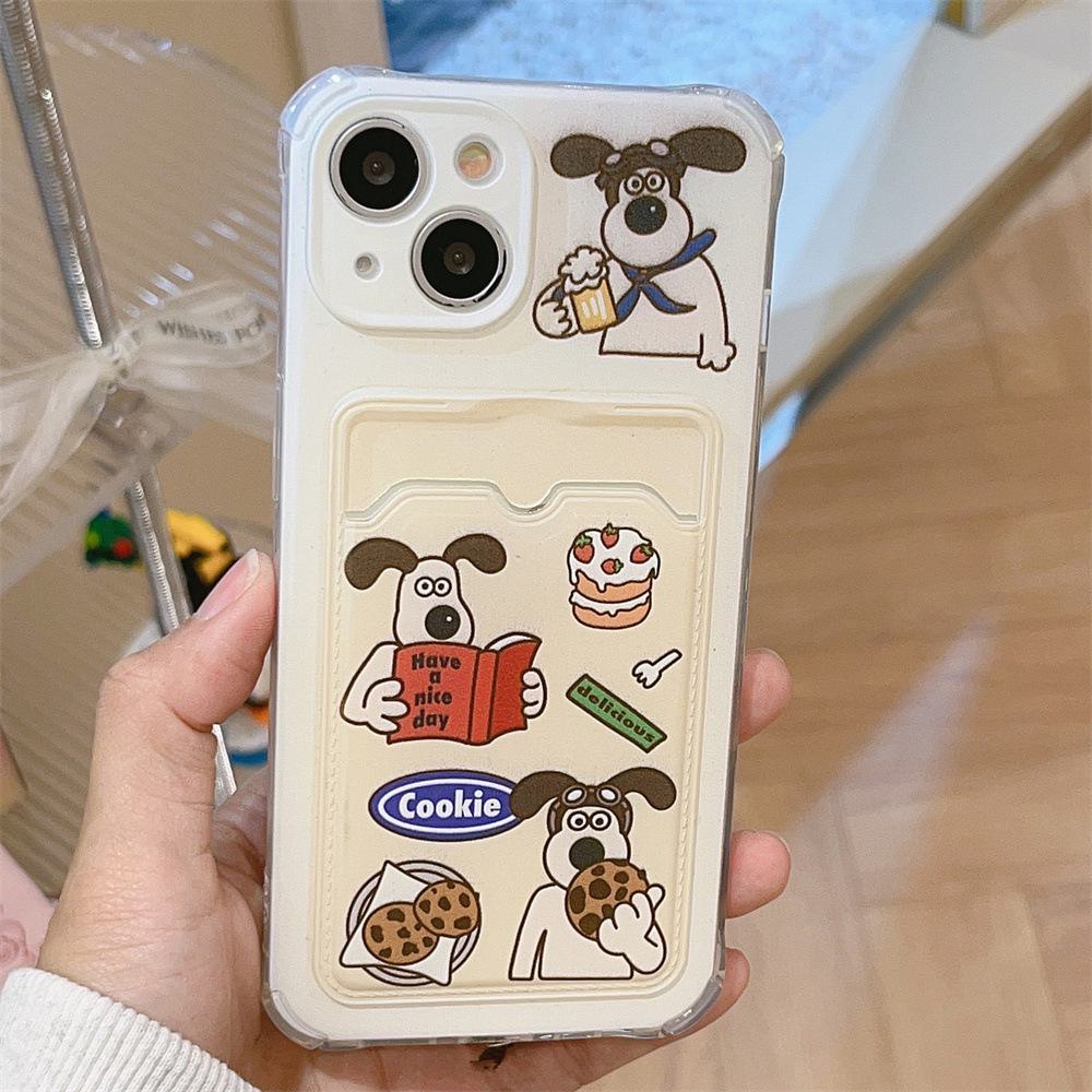 Kreslený psík iPhone puzdro pre 11/12 Pro/Max s držiakom na karty - Motív malého zvieraťa pre ženské používateľky.