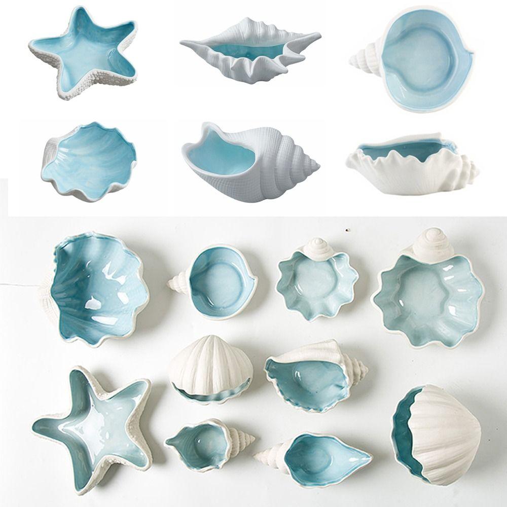 Decorative Tray Coastal Ceramic Trinket Dish Starfish Conch Conch Storage Plate Sea Shells Ceramic Tray Jewelry Key Organizer
