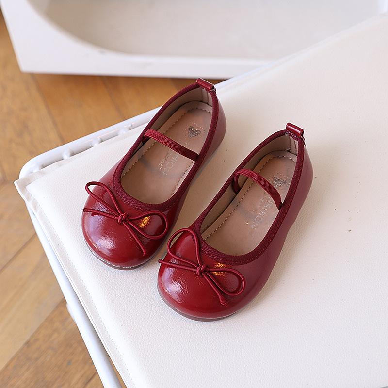 Kids Patent Leather Bow Decor Elastic Strap Mary Jane Flat Shoes 23 красный