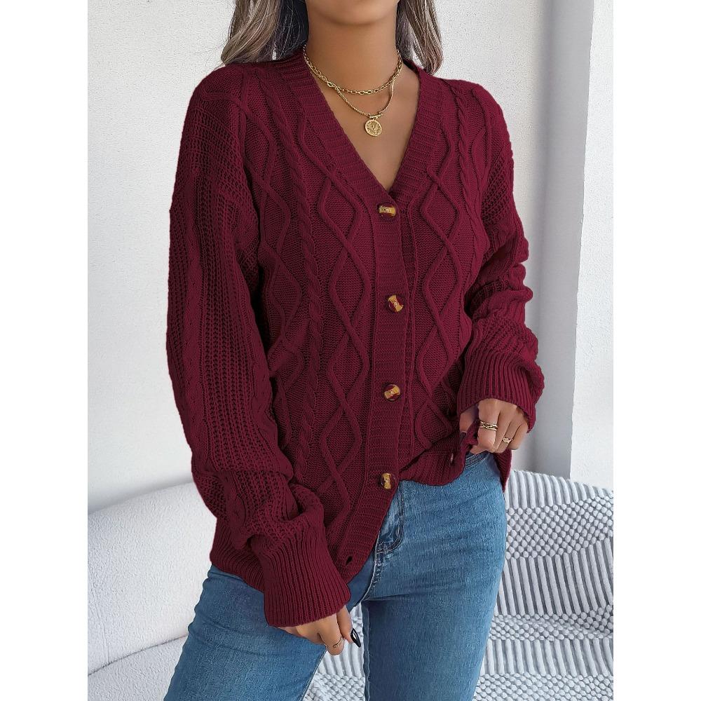 New Autumn/Winter Ladies' Sweatshirt Collection: Oversized Top, Casual V-Neck, Bell Sleeves, Cable-Knit Button-Front Cardigan