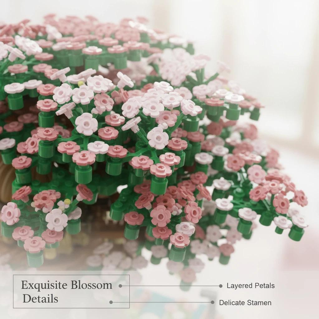 Cherry Blossom Tree House Building Blocks, Mini Tree Hut Micro Bricks, Floral Desktop Decor Ornament