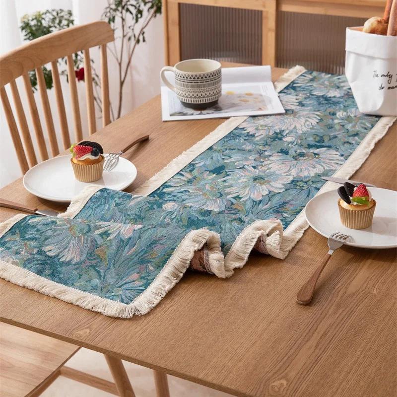 Vintage Table Runner Farmhouse Decor Oil Painting with Tassels Bohemian Sideboard for Autumn Farmhouse Thanksgiving Christmas