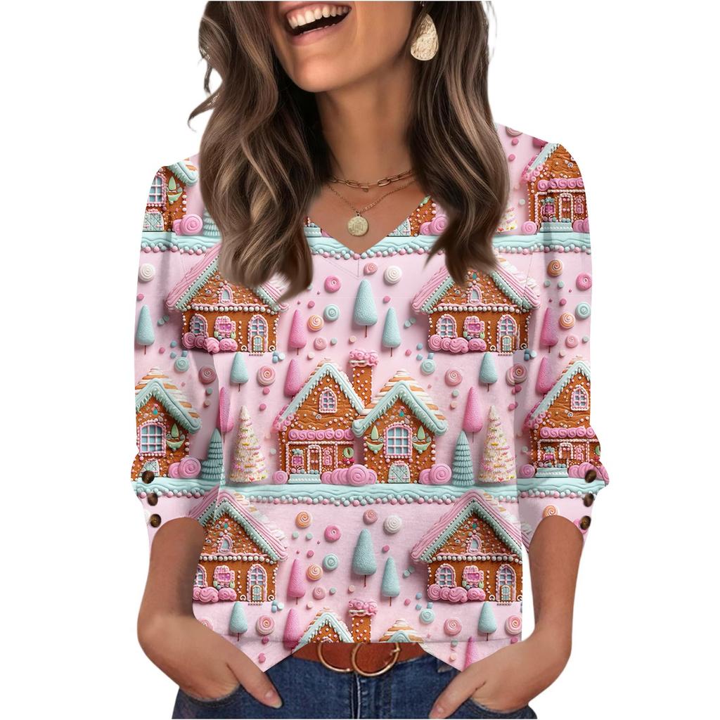 Women's Fashionable Casual Christmas Printed V-neck Top
