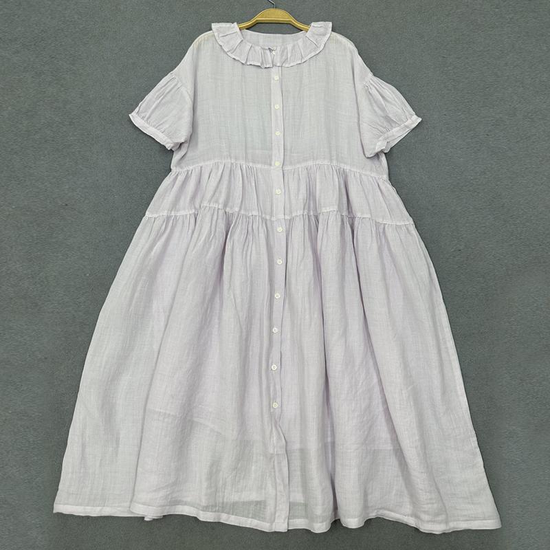 Johnature Japanese Ruffle Neck Dress Women Summer Mori Women Loose Casual Simple Solid Color Dresses