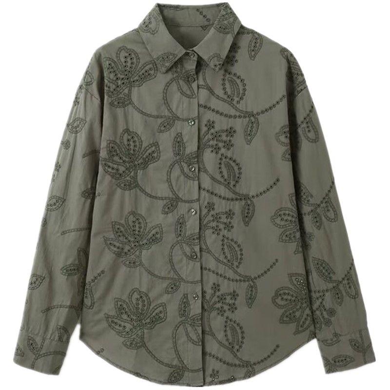 

Western Style 2024 Autumn New Women clothes Versatile Embroidered Cotton Casual Long sleeve Lapel Shirts 2492153 Green L