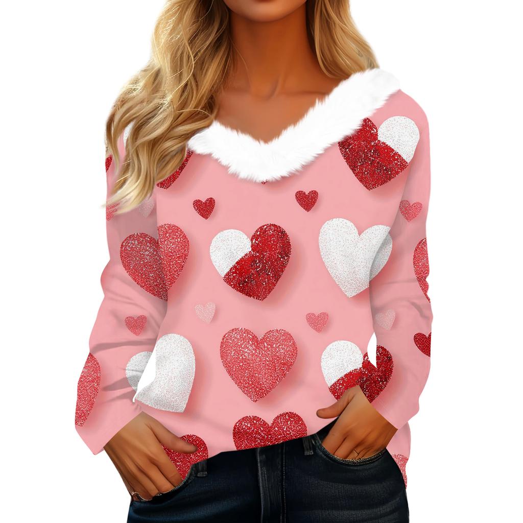 Women's Valentine's Day Printed Long-Sleeved Shirt, V-Neck, Casual Loose-Fitting T-Shirt Top