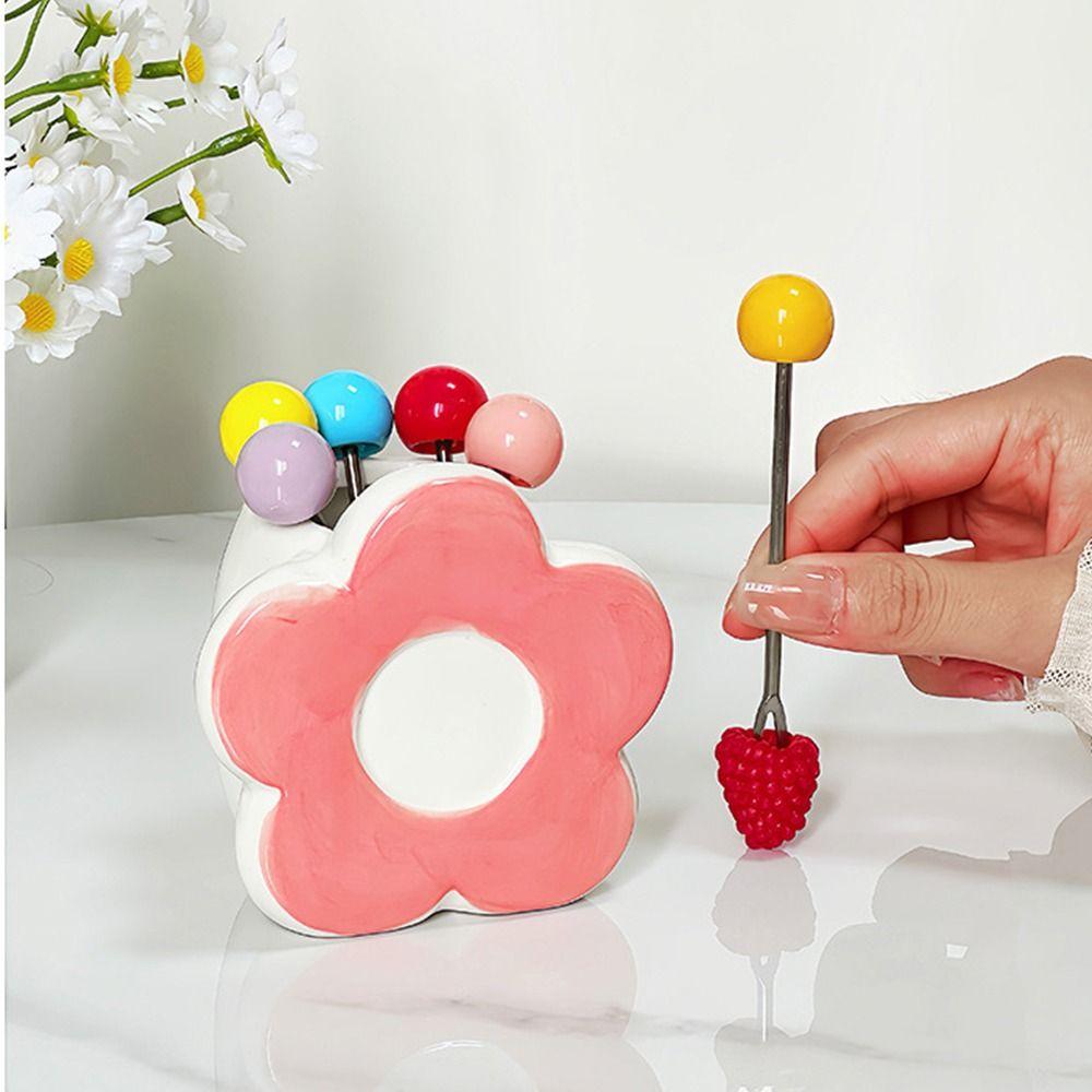 Flower Shaped Dessert Forks Portable Cute Toothpick with Holder  Kitchen Supplies