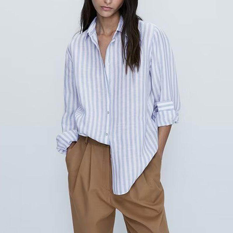 MD Women's Clothing 2023 Spring/Summer New Arrival Loose Plaid Cotton Striped Long Sleeved Casual Striped Shirt Female Sun Protection Top