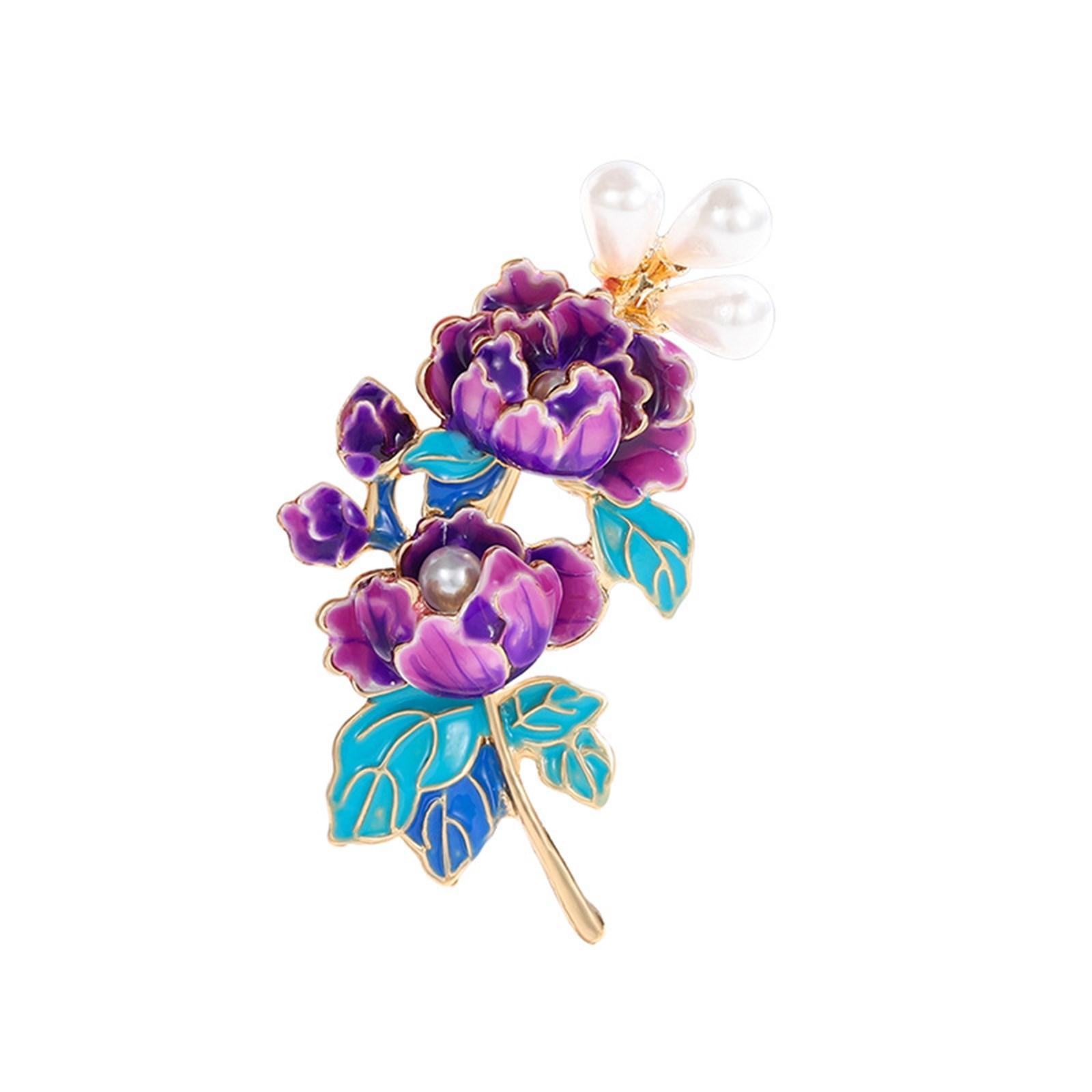 

Изящная брошь-булавка в виде пиона с жемчугом и эмалью для женщин, модный аксессуар для корсажа, украшения для платьев и сумок фиолетовый