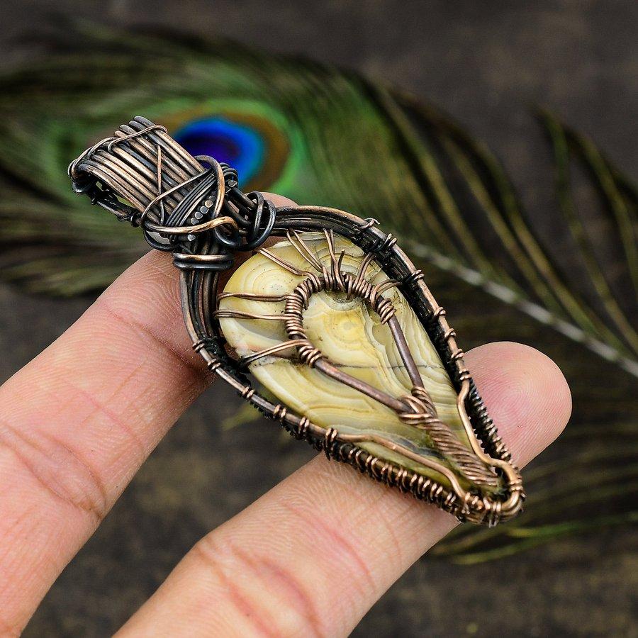 Natural Crazy Lace Agate, Moonstone Gemstone Copper Wire Wrap Pendant 2.96" i4O94