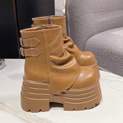 Fashion Women High Platform Ankle Boots Autumn Winter Gothic Style Leather Shoes Buckle Punk Motorcycle Boots Round Toe Chunky Sneakers