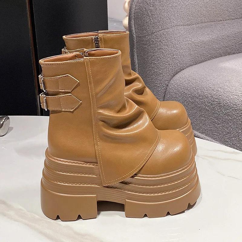 Fashion Women High Platform Ankle Boots Autumn Winter Gothic Style Leather Shoes Buckle Punk Motorcycle Boots Round Toe Chunky Sneakers