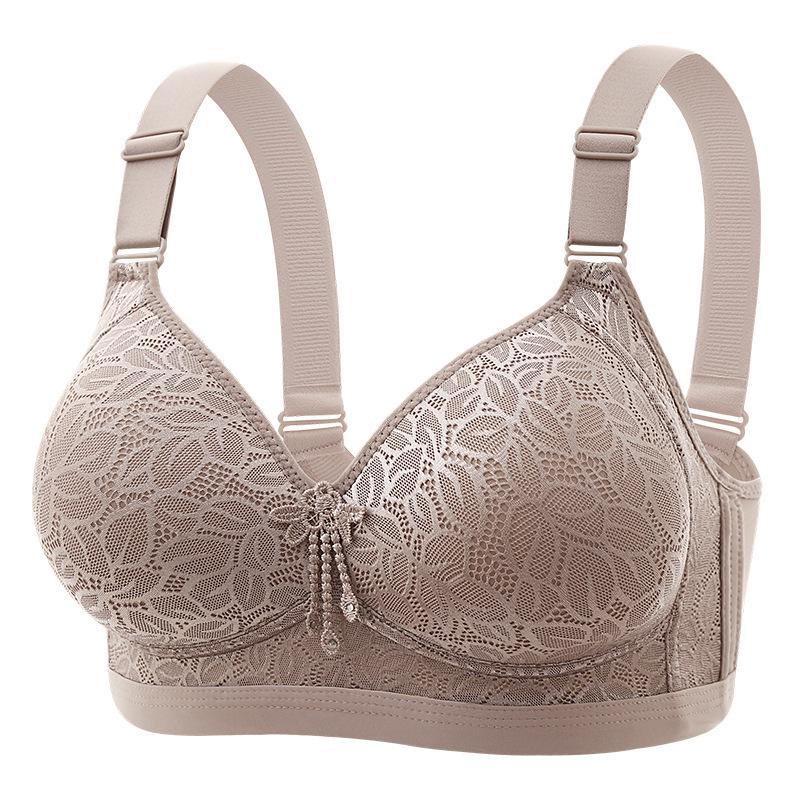 Popular Lace Underwire Bra for Plus Size Middle-Aged Women - Fixed Cup, Four-Row Hook-and-Eye, Thin Cotton Gathering Support.