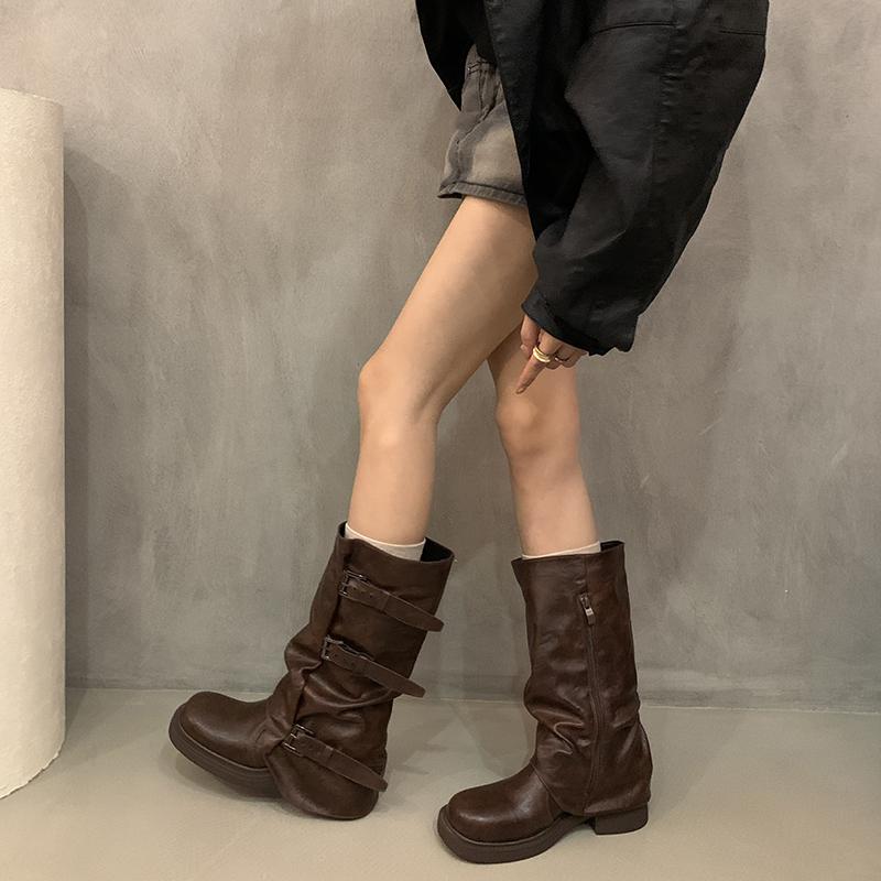 Vintage Women Western Knee High Boots Fashion Belt Buckle Shoes Autumn Winter Laides Concise Mid Calf Botas De Mujer
