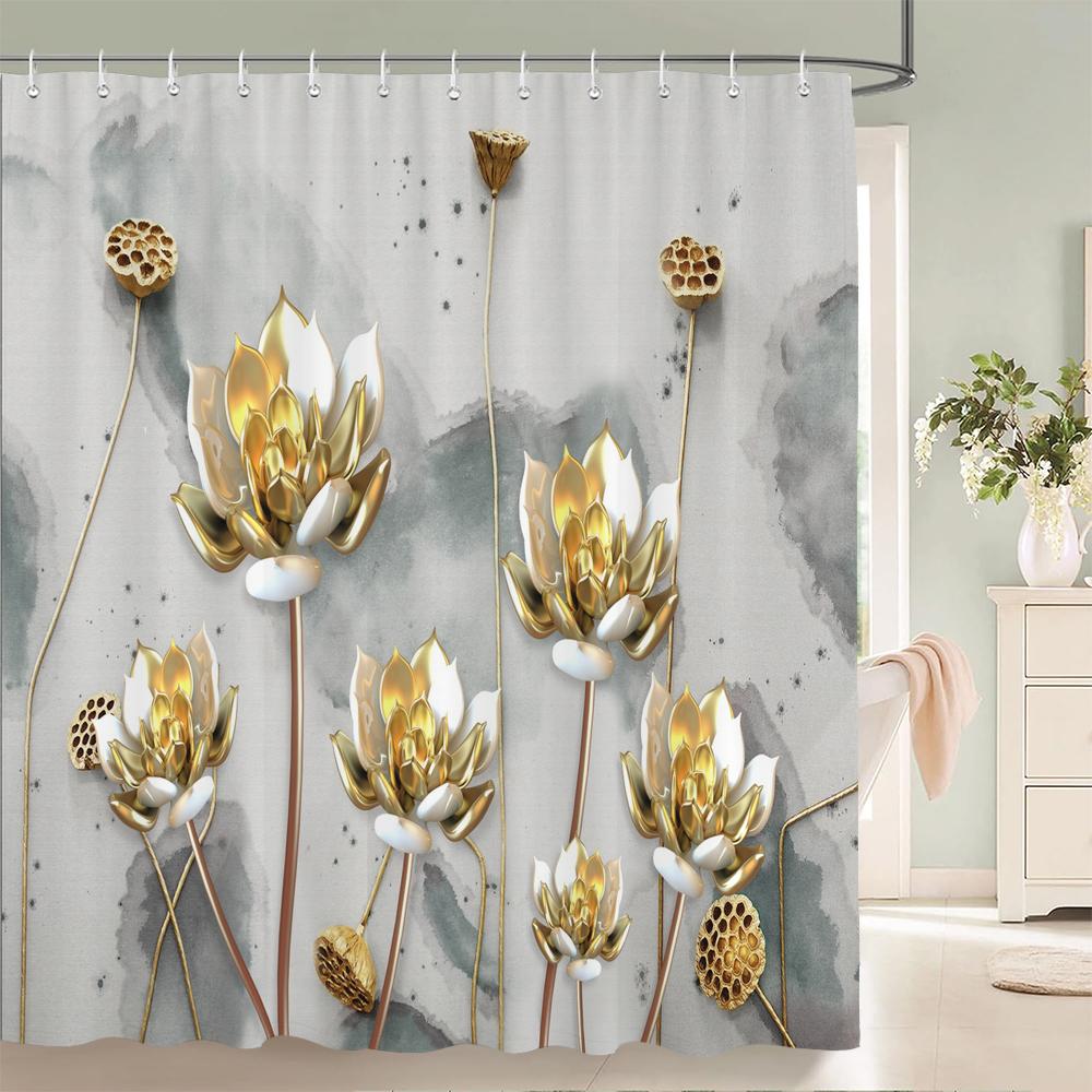 3D European Beautiful Flower Printing Bathroom Curtain Waterproof Polyester Shower Curtain Home Decoration Curtain with Hooks