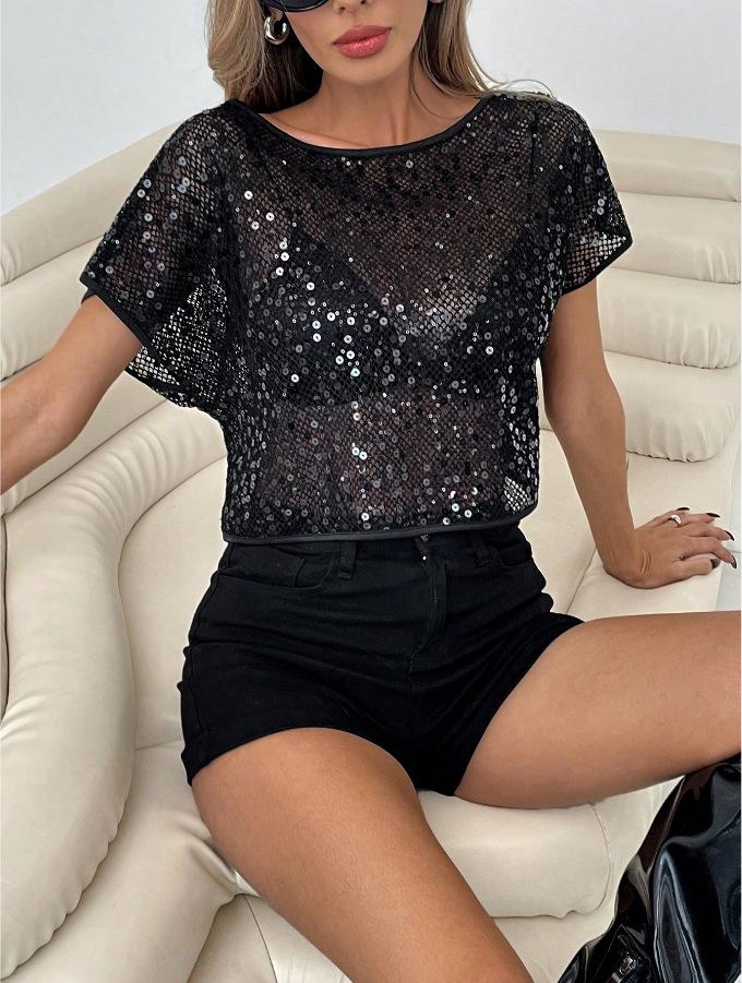 

Европейский и американский стиль свободная футболка с сеткой, пайетками и рукавом на одно плечо (Круглая шея) - Коллекция 2025 г. L чёрный