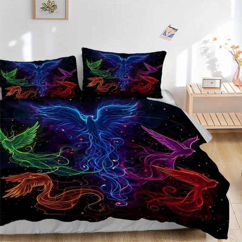 3pcs Multicolored Phoenix Bedding Set, Including 1 Quilt Cover and 2 Pillow Shams, Without Filling, Soft and Comfortable Home Bedroom Fabric, Fas