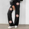 Women's Mid-high Waist Casual  Wool Embroidered Flower Beading Fashionable Straight Pants Wide Leg  Woven Wool Pants