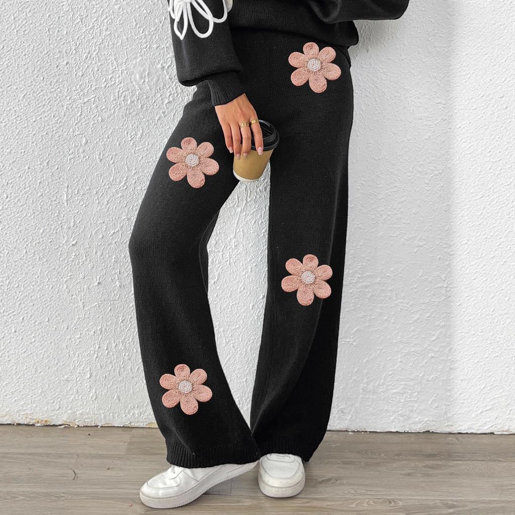 Women's Mid-high Waist Casual Wool Embroidered Flower Beading Fashionable Straight Pants Wide Leg Woven Wool Pants