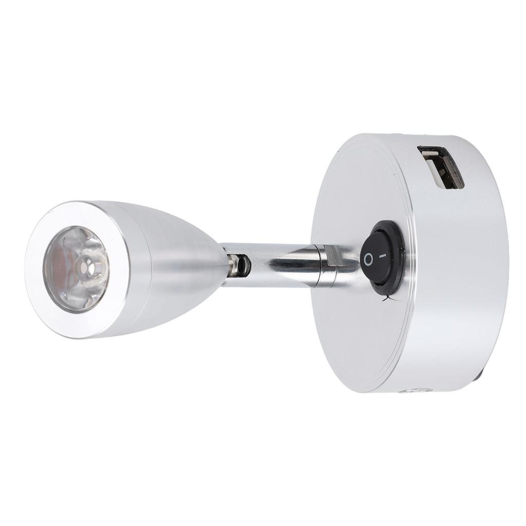 RV Reading Lamp Button Switch 350° Rotatable RV Spotlight with USB Port for Boat Yacht Motorhome 4000K DC10‑30V Silver
