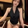 Temperament blue swinging collar neck sling vest women's summer slim spice girl design sense sleeveless backless top outer wear