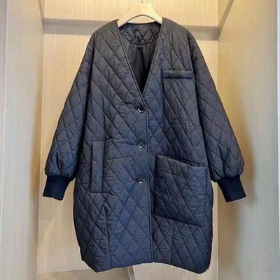 Cappotto Invernale Lungo Imbottito Taglio Ampio Donna Taglia Europea Plus Trapuntato a Diamanti Tasca Irregolare Stile Coreano