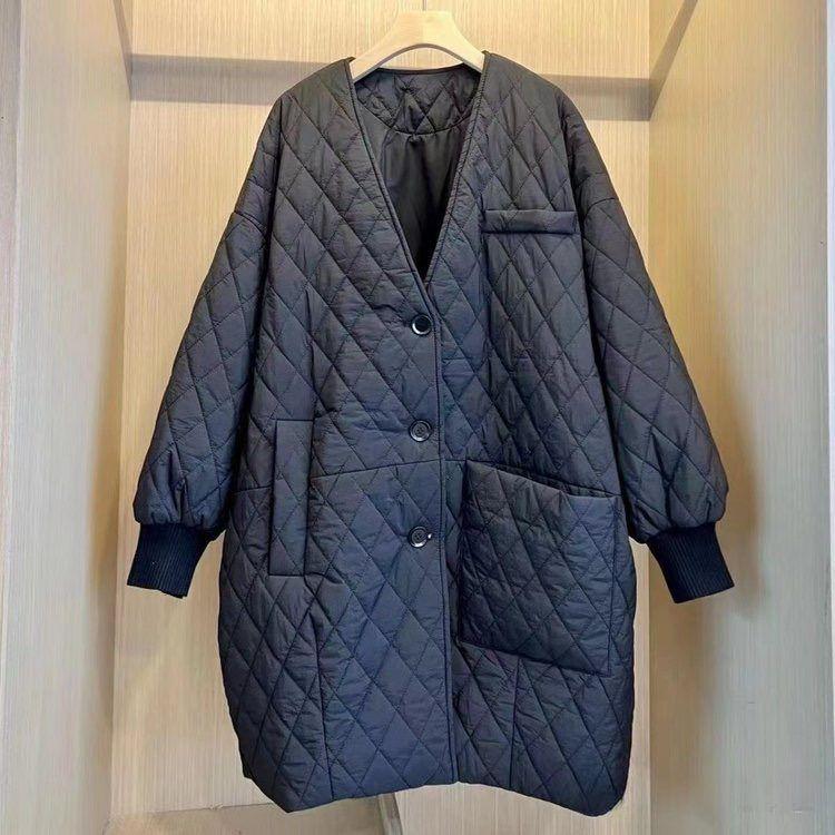Winter Locker Sitzender Langer Gepolsterter Mantel Damen Europäische Übergröße Diamantgesteppt Unregelmäßige Tasche Koreanischer Stil