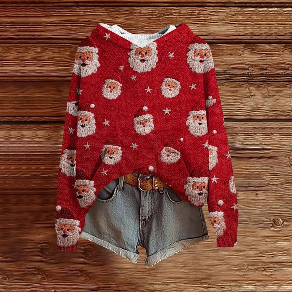 Women's Fashion Casual Long Sleeve Christmas Print Hooded Knitted Sweatshirt