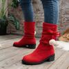 2024 Winter Hot Sale Women's Fluffy Bowknot Ball Decor Boots Slip On Casual Chunky Heel Suede Boots Christmas Mid Calf Boots