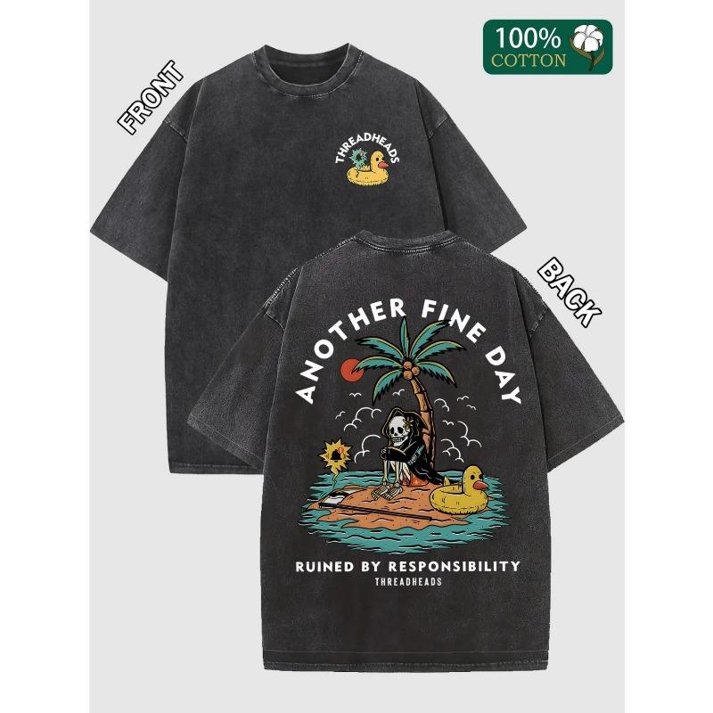 

Men s Heavy Washed Cotton T-Shirt - Relaxed Fit Short Sleeve Tee with Geometric Print for Summer Outdoor Activities S чёрный