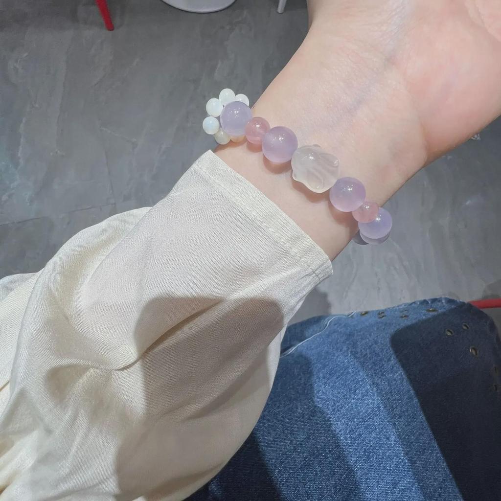 Violet Chalcedony Lychee Agate & Strawberry Crystal Bracelet for Women and Girls
