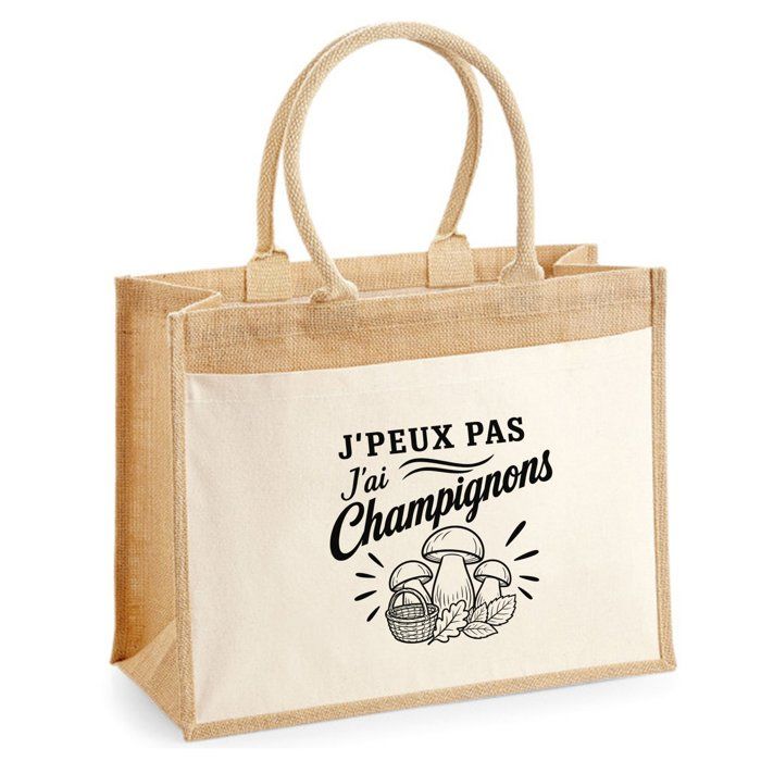 Sac Cabas - PLANETEE - J’peux pas j’ai Champignons - Toile de jute et coton - 21 L - Illustration trait noir