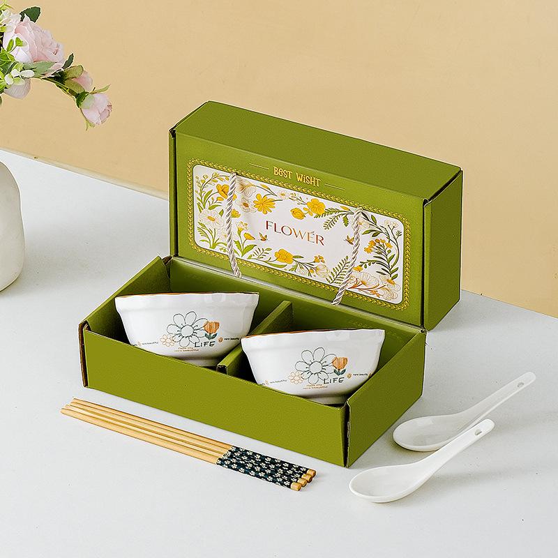 Pastoral Ceramic Tableware Gift Set: Rice Bowl, Spoon, and Chopsticks