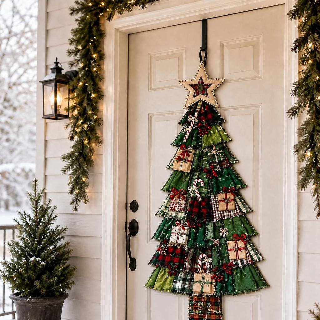 Extragroßes Patchwork-Weihnachtsbaum-Türhänge-Dekorationsset Grün