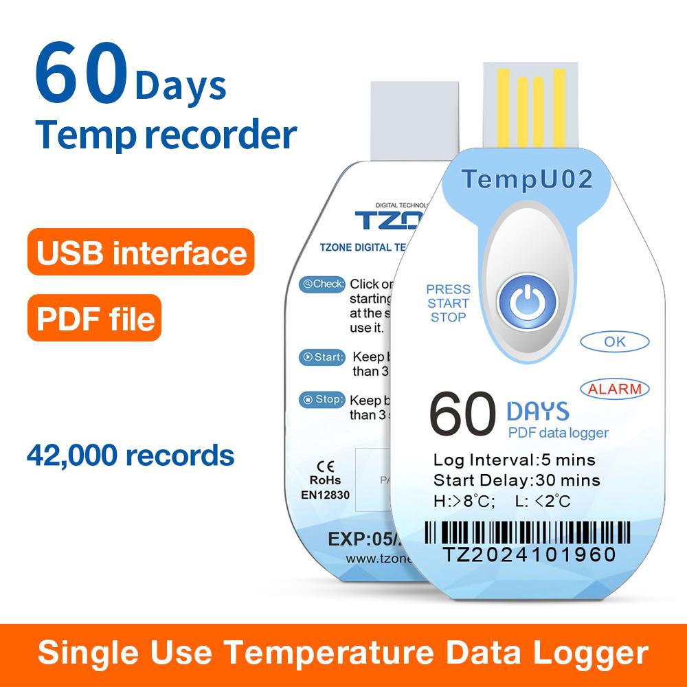 Disposable USB Temperature Data Logger 60/90 Days Datalogger 42000 Points PDF Report Temp Recorder Thermometer for Cold-chain