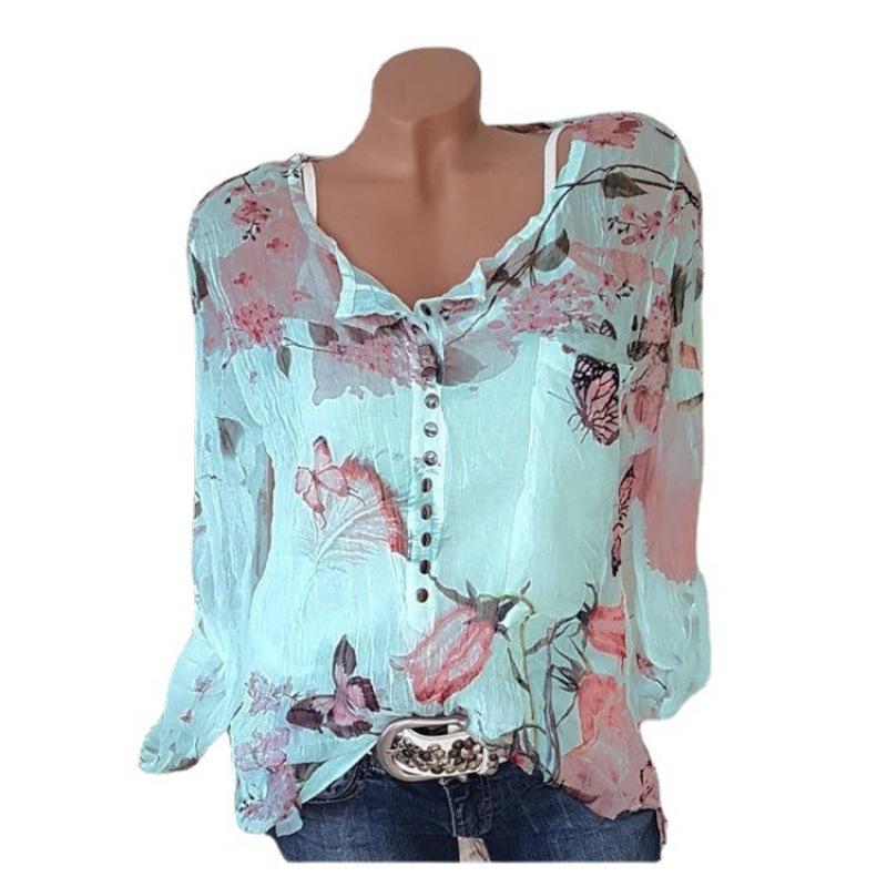 Autumn European and American New Large Size Loose Printing Shirt Fashionable V-neck Chiffon Long-sleeved Shirt Women